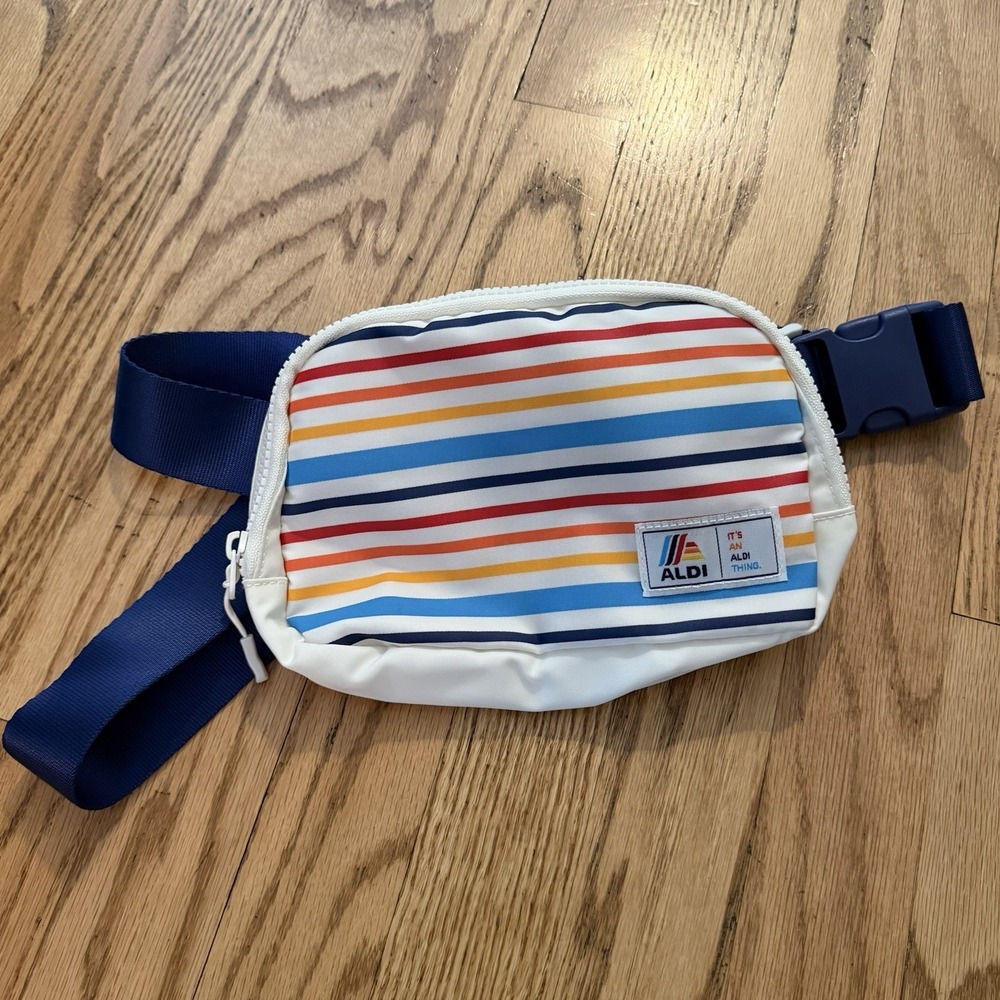 Aldi Gear Striped Fanny Pack Belt Bag White Blue Rainbow Retro Crossbody Hip Bag